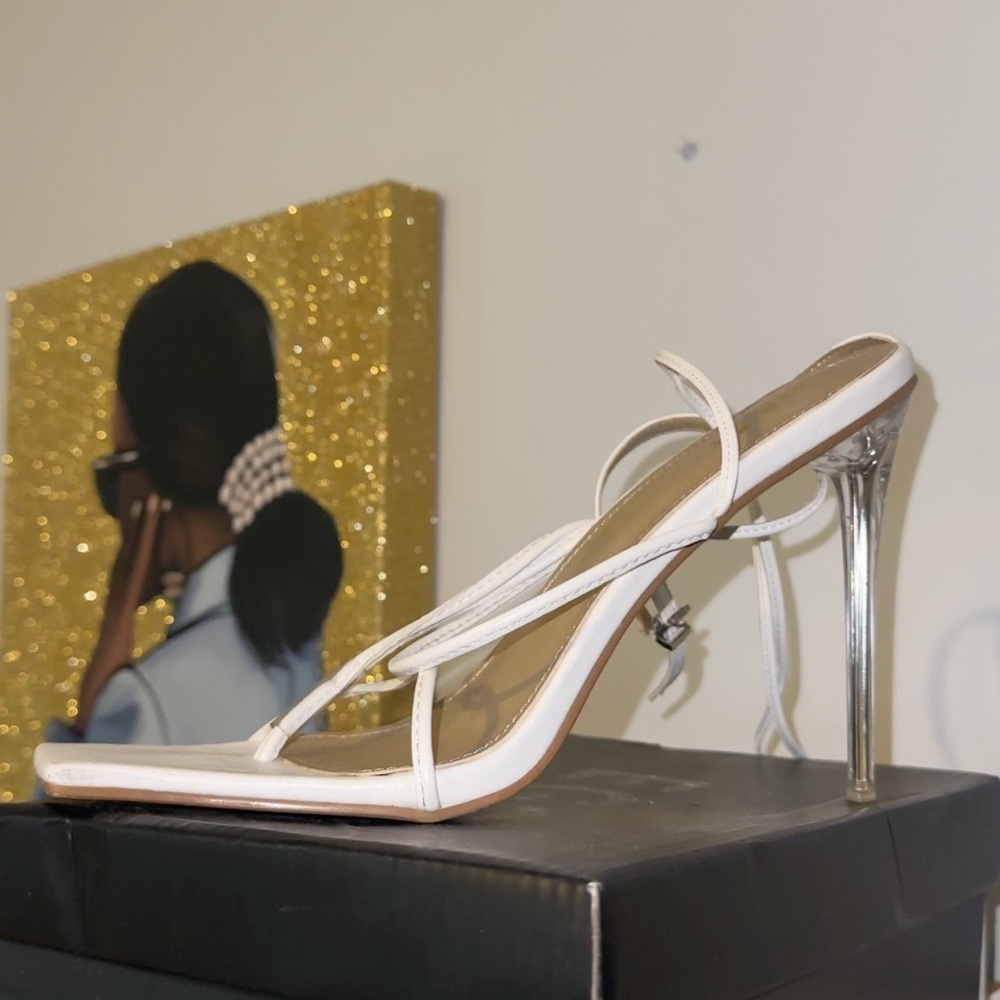 EGO White Strappy Heels with Clear Stiletto